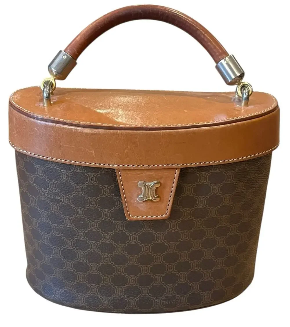 CELINE Brown Leather Satchel Purse bag Top Handle Vanity Macadam Vintage
